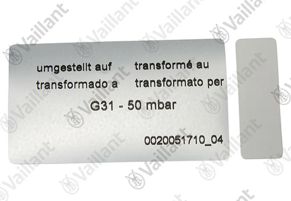 Vaillant Umstellsatz mit Informationen in mehreren Sprachen zur Umstellung auf G31 - 50 mbar. Enthält die Produktnummer 0020051710_04.